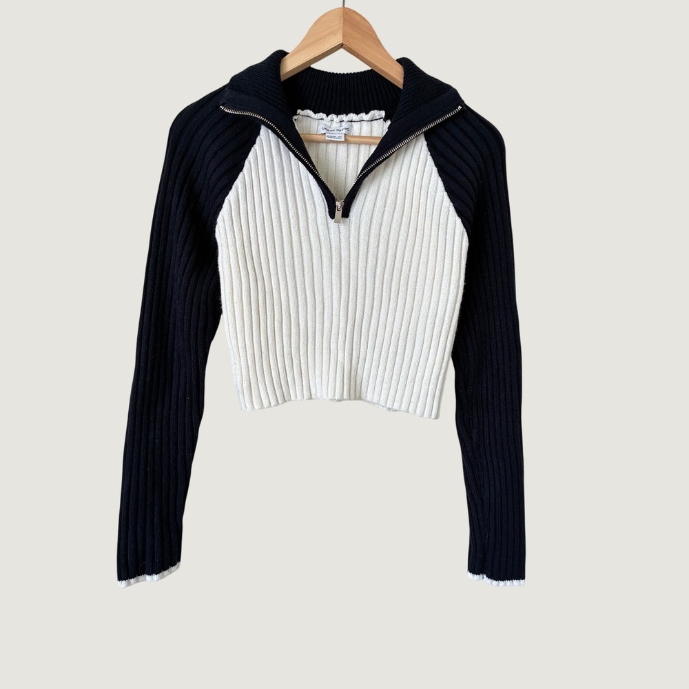 Urban Revivo Black White Ribbed Quarter Zip Cropped Sweater Raglan Sleeve US 6